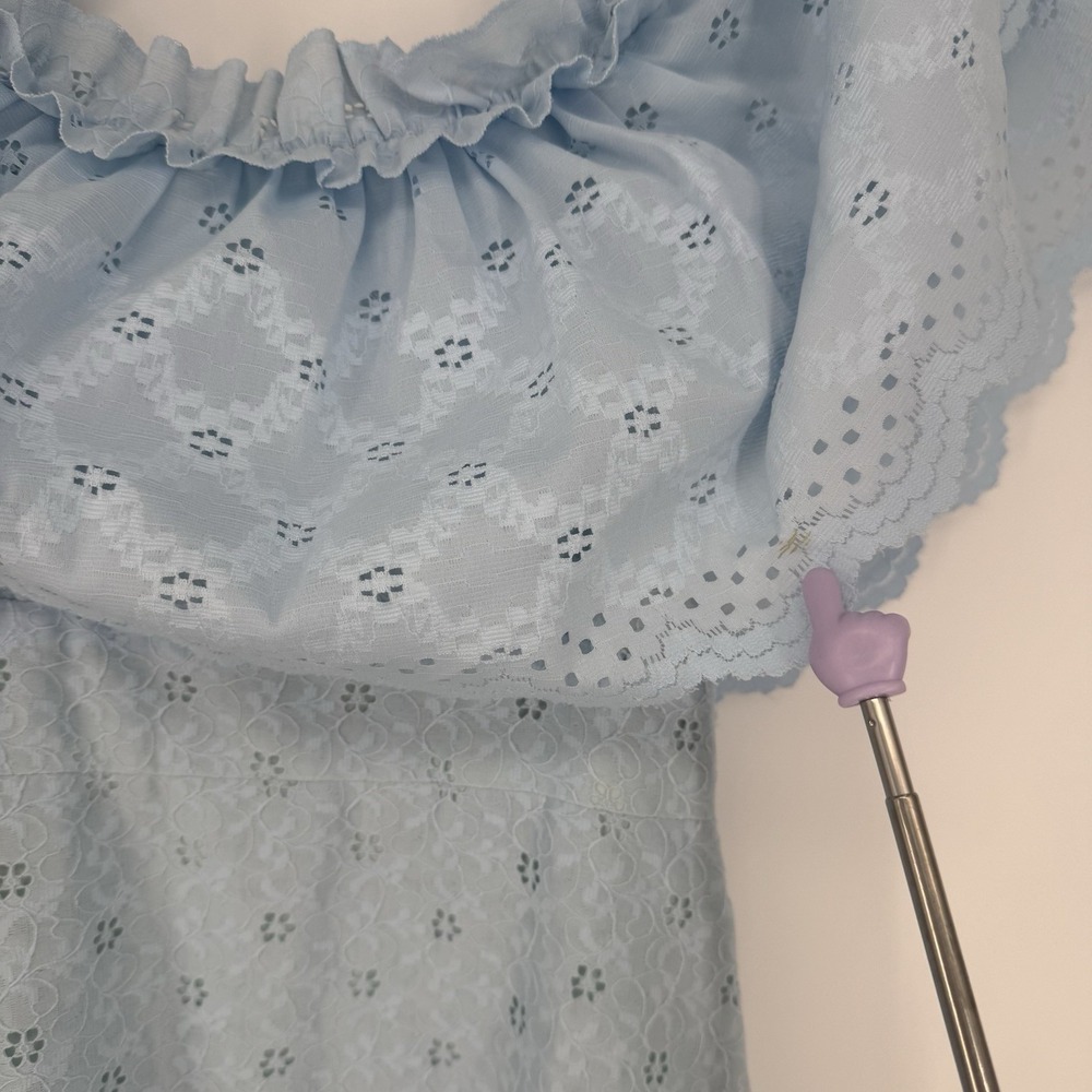 VTG 70s Peasant Dress Peanuts of California Baby Blue Eyelet Off Shoulder S - Picture 8 of 9